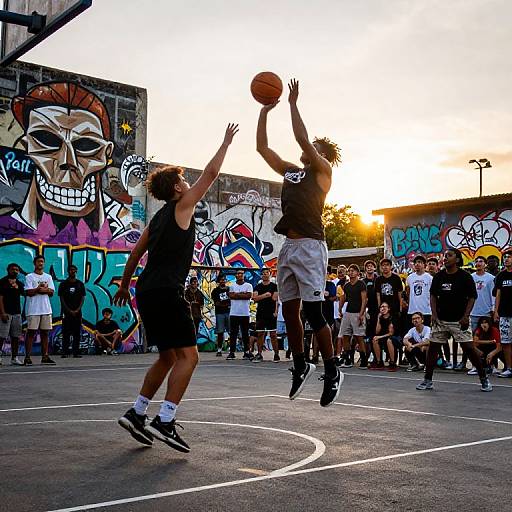 Photograph of two basketball players mid-air, dunking against a vibrant graffiti-laden urban court at sunset, with a crowd watching.