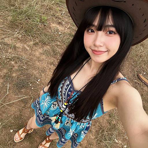 Young Asian woman with long black hair, wearing a blue floral dress, brown hat, and sandals, smiling in a dry, grassy field.