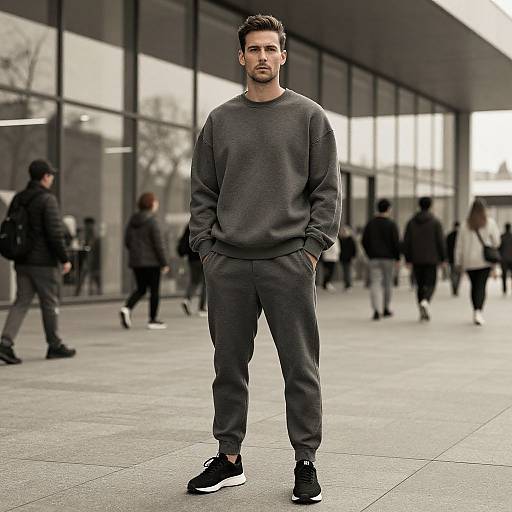 Man in Charcoal Joggers at Modern Market