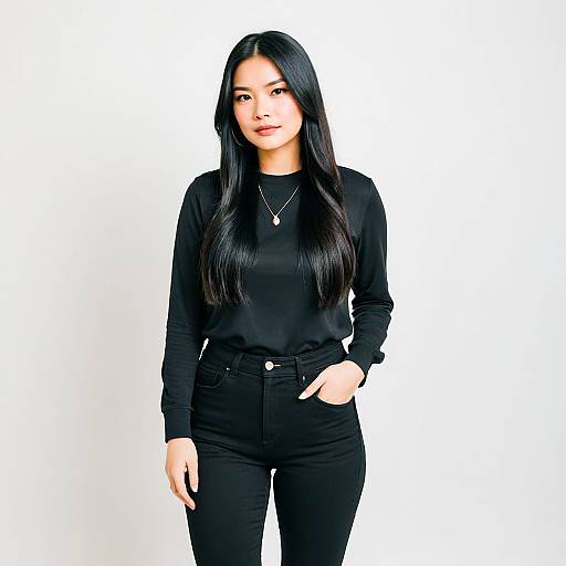 Young Asian Woman in Black Casual Outfit