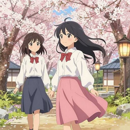 Anime-style digital illustration of two schoolgirls holding hands, walking under cherry blossoms; one in blue skirt, other in pink, both wearing white shirts