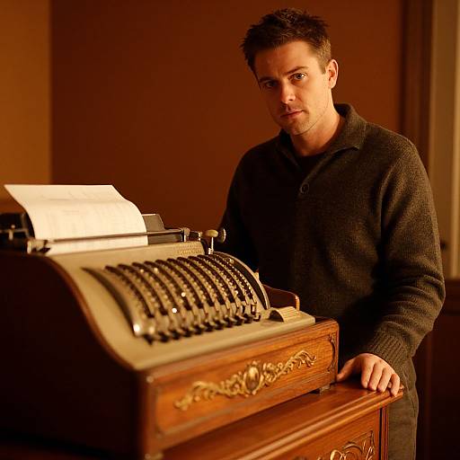Photograph of a serious, short-haired man in a dark sweater, standing next to a wooden, vintage typewriter with ornate details, in warm