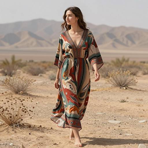 Woman in Bohemian Dress Walking in Desert