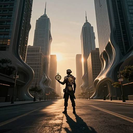 Photograph of a futuristic cityscape at sunset, featuring a silhouetted figure in dark gear holding a helmet, flanked by wavy,