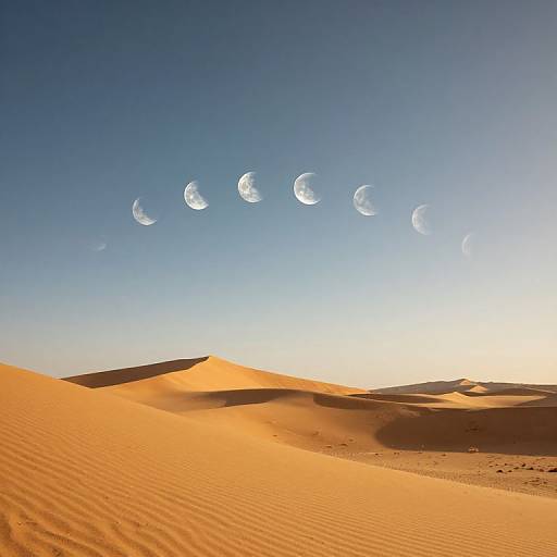 Photograph of a desert with rippled sand dunes under a clear blue sky, featuring a sequence of crescent moons across the sky.