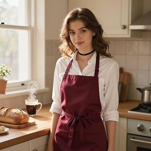 Photograph of a young woman with wavy brown hair, wearing a white shirt and maroon apron, standing in a bright kitchen with sunlight,