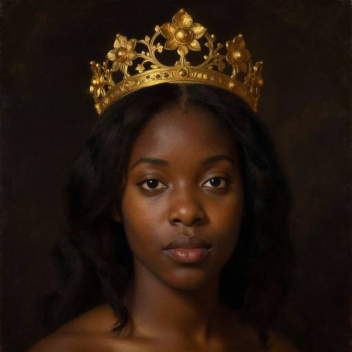 Photograph of a beautiful, dark-skinned woman with long black hair, wearing an ornate, golden crown, against a black background.