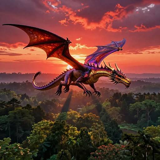Digital art of a vibrant purple and red dragon with glowing scales soaring above a lush, misty forest at sunset.