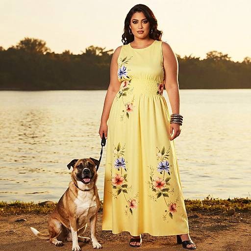 Photograph of a curvy woman in a yellow floral dress standing by a lake at sunset, holding a leash of a brown and white dog.