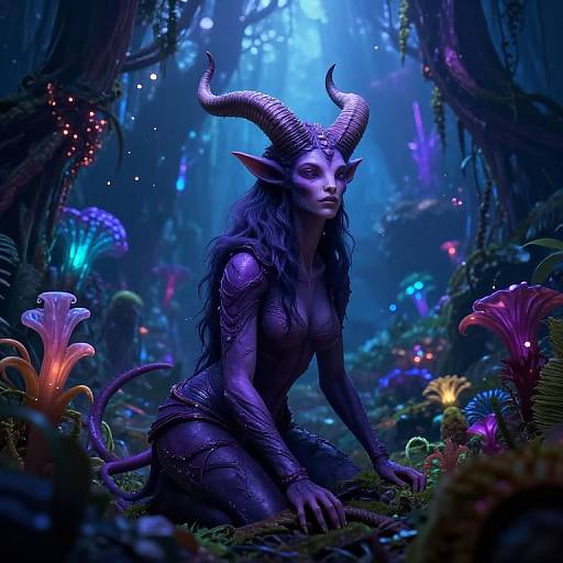 Digital artwork: A purple-skinned, horned demon woman with long hair kneels in a vibrant, bioluminescent forest, surrounded by glowing