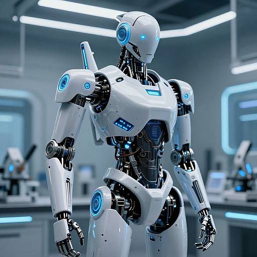 CGI image of a white, sleek, humanoid robot with blue glowing accents standing in a modern, futuristic lab with illuminated panels.