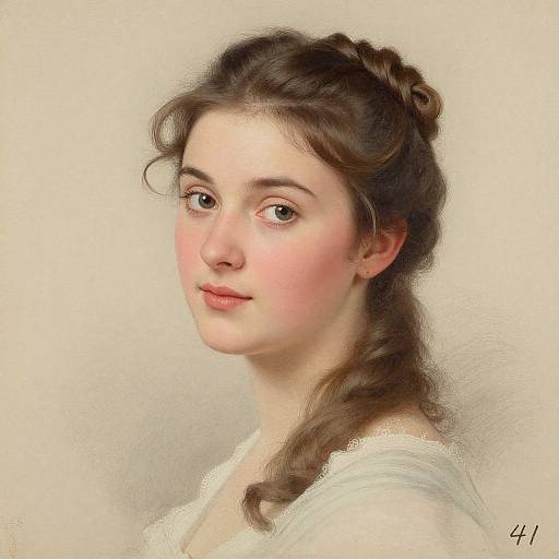 Digital portrait of a young Caucasian woman with fair skin, brown wavy hair in a loose braid, and delicate features, wearing a white top,