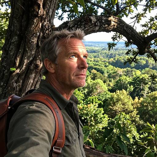 Photograph of a middle-aged man with gray hair, green shirt, brown backpack, and serious expression, standing in a sunlit forest.
