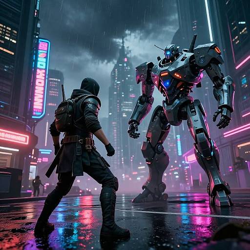 Cyberpunk street battle: Human soldier in black gear confronts glowing neon-lit robotic mecha in rainy, futuristic cityscape, illuminated by vibrant