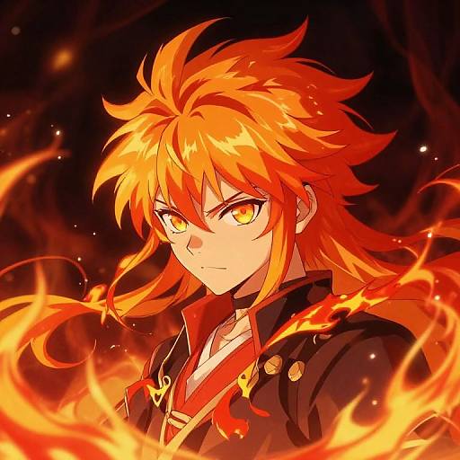 Digital anime-style portrait of a fierce, orange-haired character with glowing yellow eyes, surrounded by bright flames, wearing a black jacket.