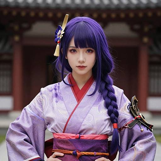Photograph of a young Asian woman with long, dark purple hair in a braid, wearing a white floral kimono with red sash, and