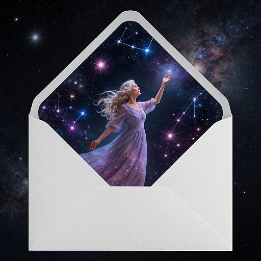 Photograph of a blonde woman in a flowing lavender dress, reaching out to a star within a white envelope against a cosmic background.