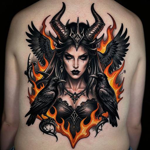 Digital tattoo of a dark-haired, demon-like woman with black wings, horns, and fiery flames, wearing a black lace bodice, on a pale