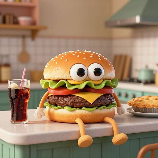 Whimsical Cartoon Burger in Retro Kitchen