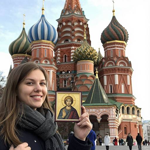 Young woman with brown hair, smiling, holding icon of Jesus, stands in front of colorful, ornate, red-and-green onion domes of St