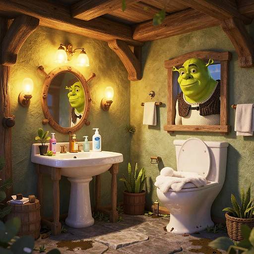 Digital artwork of a rustic bathroom with a green goblin face in a mirror and window, wearing a bow tie, next to a white toilet and wooden