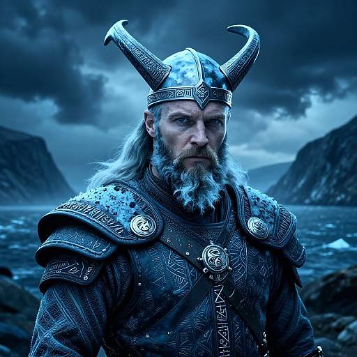 Photorealistic digital artwork of a Viking warrior with long beard, blue-tinted armor, horned helmet, and intense gaze, standing against a
