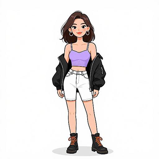 Digital drawing of a smiling young woman with brown hair, wearing a purple crop top, white shorts, black jacket, and black boots.