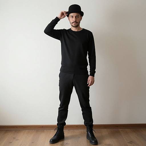 Photograph of a bearded man in black outfit, hat, and boots, standing against a white wall, holding his hat with one hand.