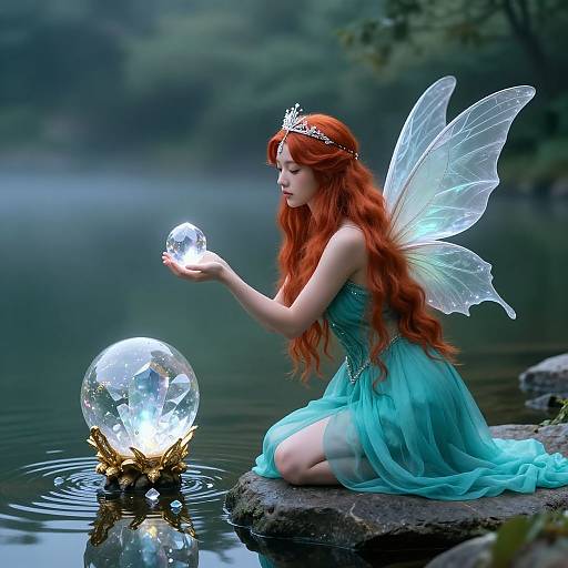 A fairytale-style photograph of a red-haired fairy with translucent wings, wearing a turquoise dress, holding a glowing crystal orb by a misty lake