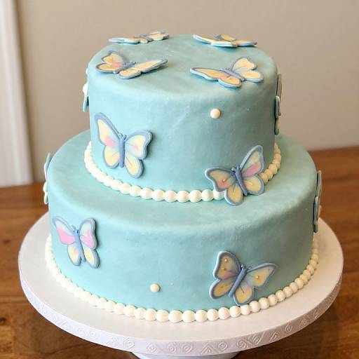 Photograph of a two-tiered, light blue cake adorned with edible, colorful butterfly decorations and white pearl accents, set on a wooden table.