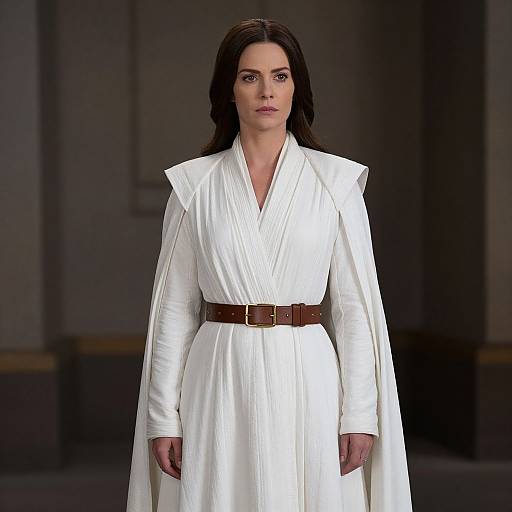 Photograph of a serious woman with long dark hair, wearing a white, long-sleeve, V-neck robe with a brown belt, walking on