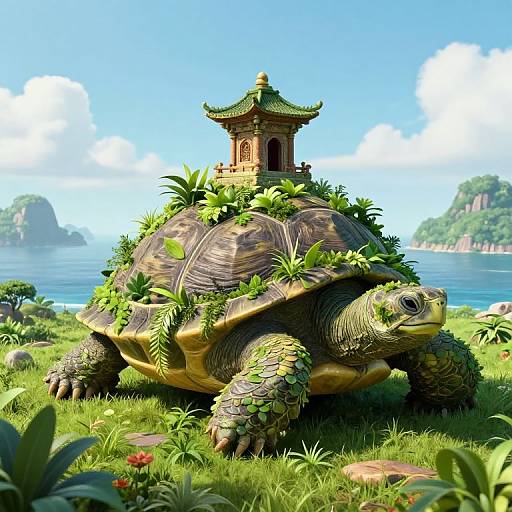 Digital artwork of a giant turtle with a miniature pagoda on its back, surrounded by lush greenery, overlooking a serene blue ocean with distant rocky islands