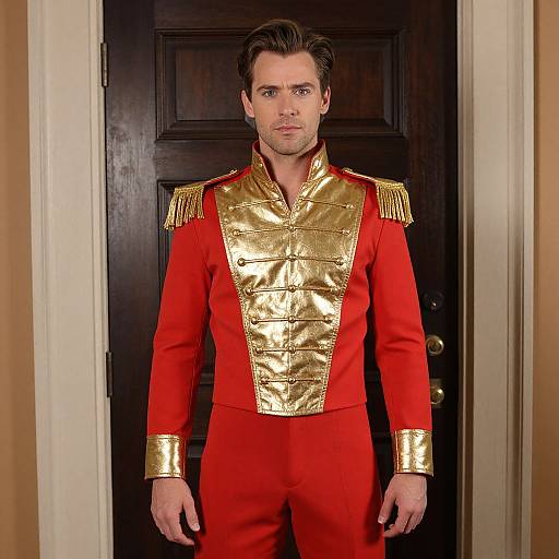 Photograph of a handsome man with light skin and dark hair, wearing a vibrant red military-style uniform with gold epaulettes and trim, standing