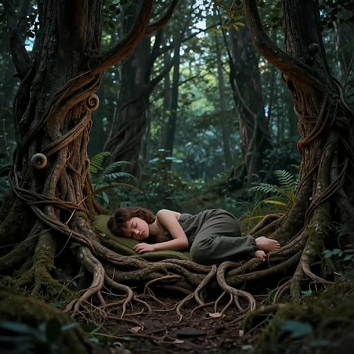 Photograph of a sleeping woman with brown hair, wearing a gray dress, curled up between twisted tree roots in a dark, dense forest.
