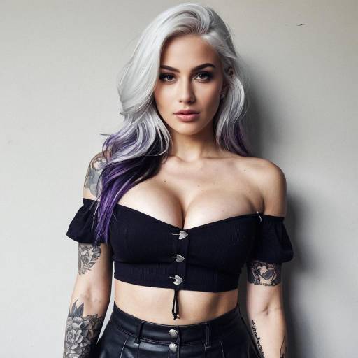 Blonde Woman with Purple Hair Tips and Tattoos