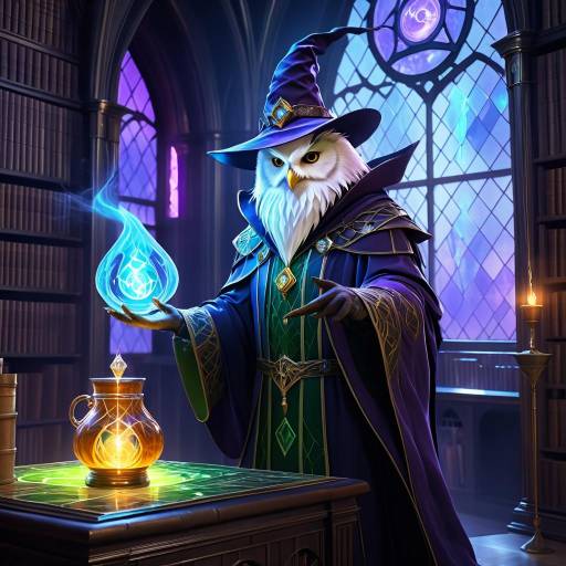 Owl Wizard Brewing Potion in Library