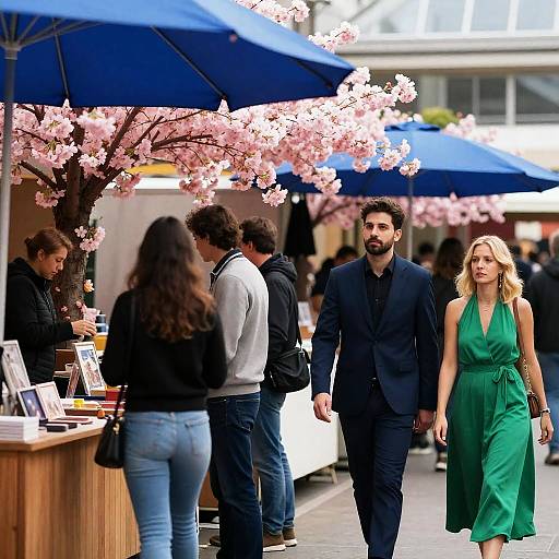 Cherry Blossom Market Scene with People