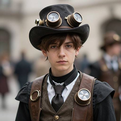 Photograph of a young man with brown hair, wearing a black steampunk hat with goggles, brown vest, black shirt, and tie, standing