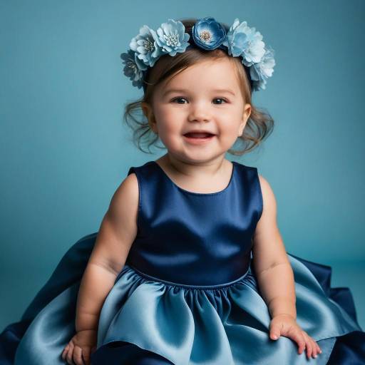 Smiling Baby Girl in Blue Dress and Flower Crown