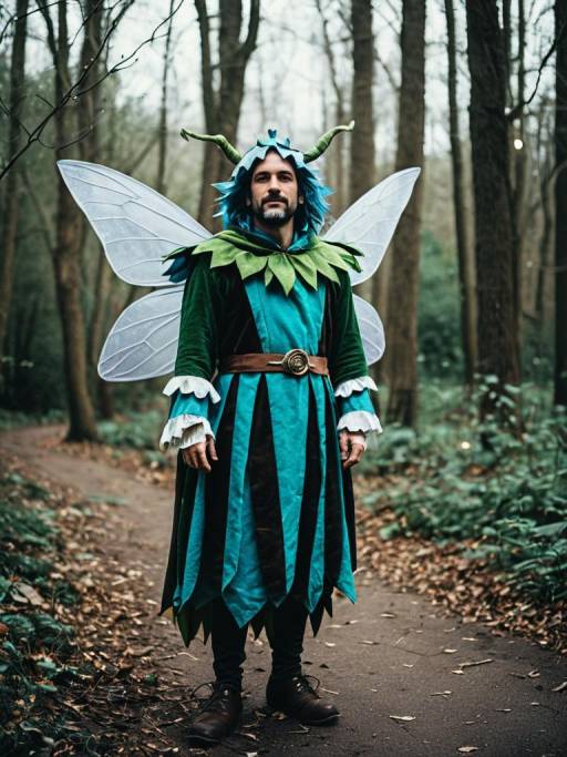 Man in Blue and Green Fairy Costume in Forest