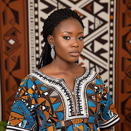 Photograph of a beautiful, dark-skinned African woman with braided hair, wearing a vibrant, geometric-patterned traditional dress, standing against a detailed