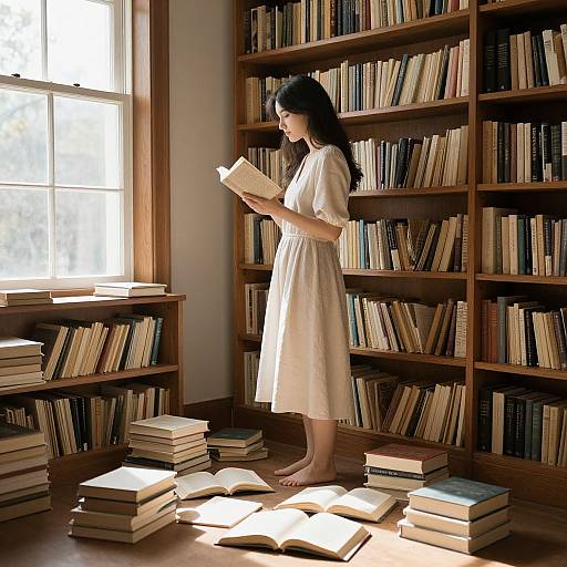 Photograph of an Asian woman with long black hair, wearing a white dress, standing barefoot in a sunlit library, reading a book, surrounded