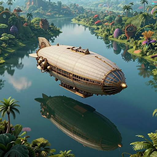 Digital illustration of a vintage airship with a glass-domed nose, floating on a calm, reflective river surrounded by lush, colorful jungle.