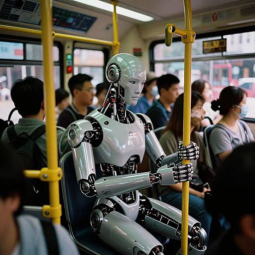 Photograph of a shiny, white humanoid robot holding a yellow pole in a crowded, brightly lit subway car with seated passengers.