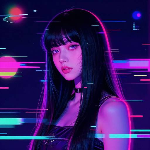 Vaporwave Portrait of Black-Haired Girl