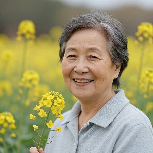 Photograph of smiling middle-aged Asian woman with short gray hair, wearing light gray polo, holding yellow flowers in vibrant yellow field.