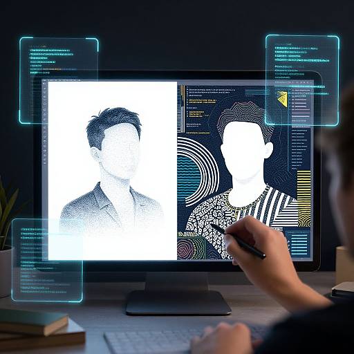 Photograph of a person editing silhouetted portraits on a computer screen with digital overlays and blue interface elements. Hand holding pen in foreground. Dark