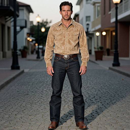 Photograph of a muscular, bearded man with short brown hair, wearing a beige button-up shirt and dark jeans, standing confidently on a cobble