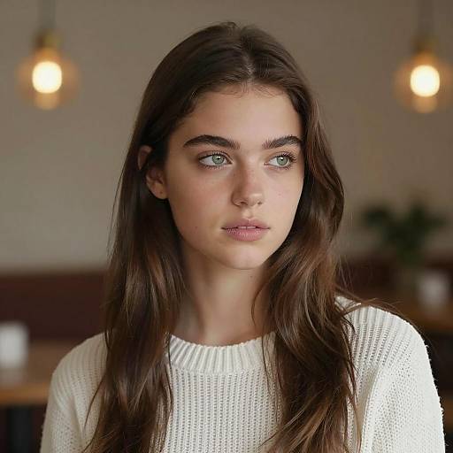 Young Woman with Long Brown Hair in White Sweater