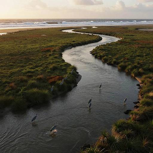 Photograph of a winding river with six birds wading in shallow water, surrounded by green grasslands, under a cloudy sunset sky.